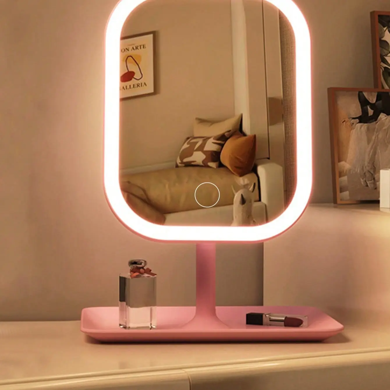 Rechargeable LED Handheld Makeup Mirror with Touch Control, Cosmetic Mirror, 3-Color HD Portable Lightweight Vanity Mirror with Lithium Battery and Plastic Frame for Dorm, Office and Travel, Lighted Makeup Mirror, Mirror with Lights