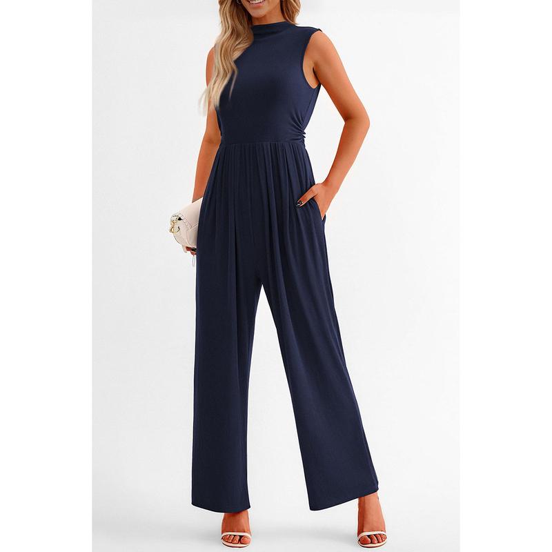 PrettyGarden Women's Summer Jumpsuits Dressy Casual Outfits Sleeveless Mock Neck Wide Leg Pants Rompers with Pockets
