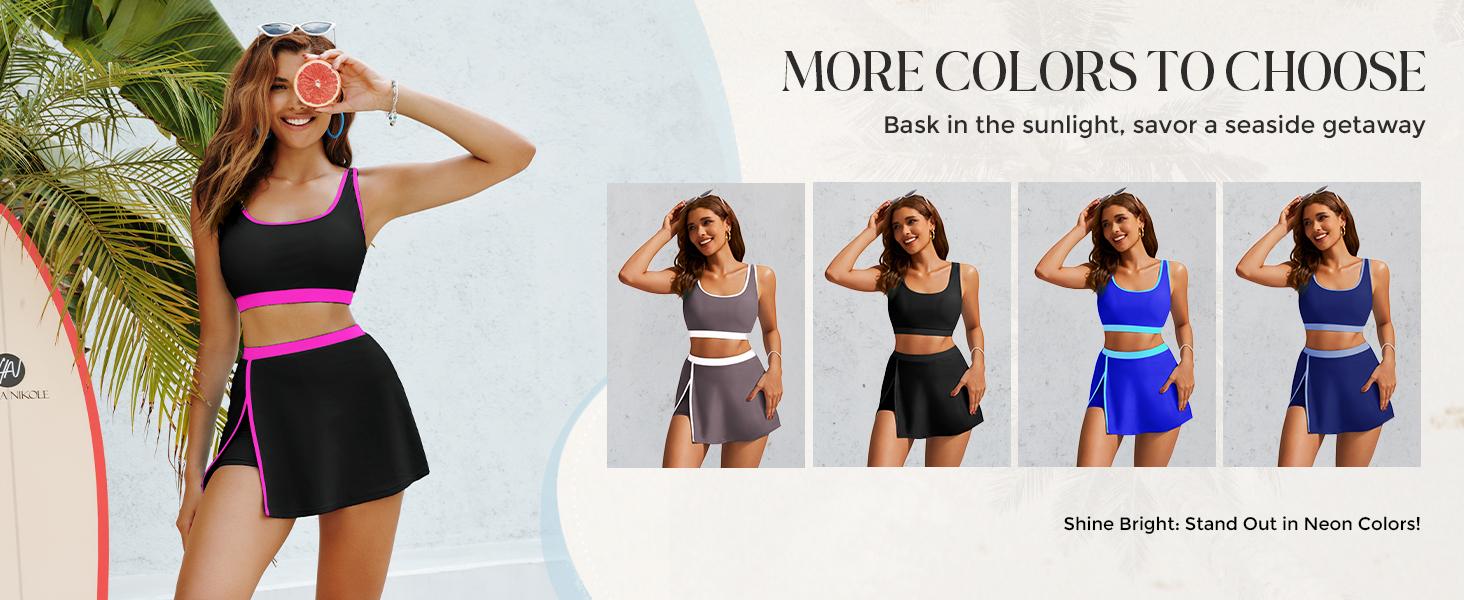 【S-2XL】Hanna Nikole Bikini Sets for Women Color Block Swimsuits with Side Slit Swim Skirt SpringStatements