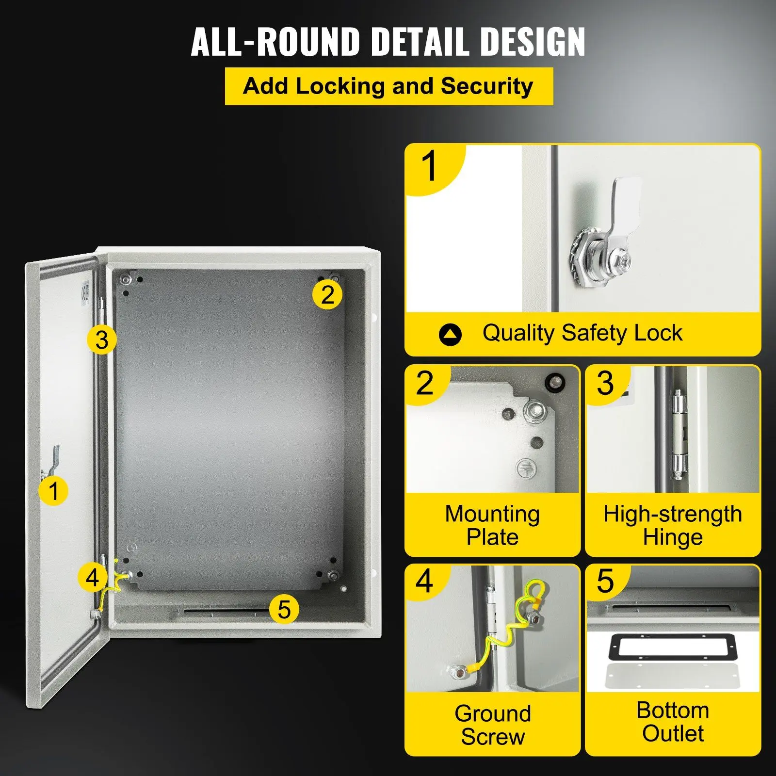 VEVOR Electrical Enclosure Box, 16'' *12'' *6'', Carbon Steel Hinged Junction Box, IP66 Waterproof & Dustproof, Outdoor Electrical Box, with Mounting Plate