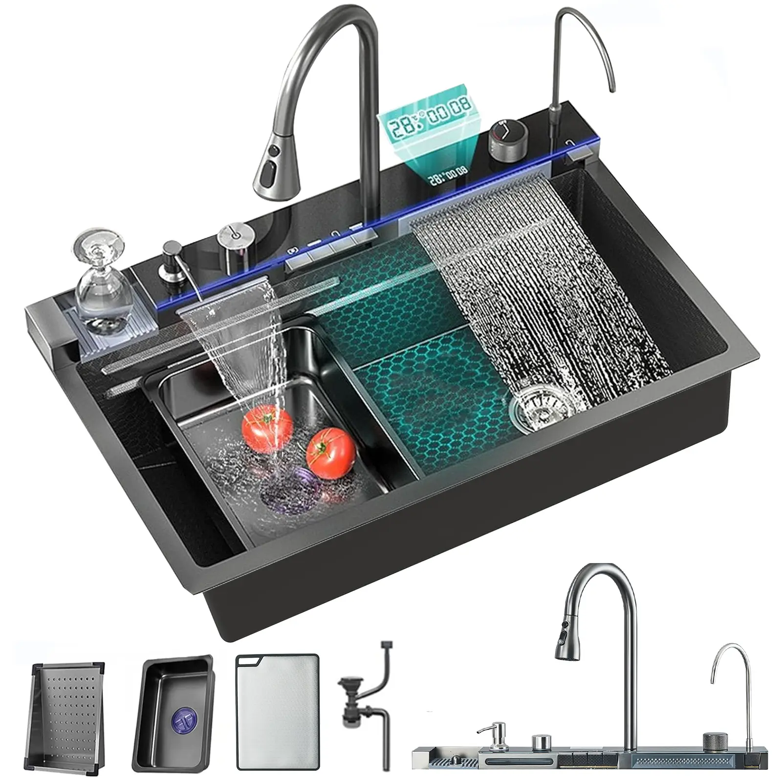 31.5x18 inch Stainless Steel Waterfall Kitchen Sink with Pull Out/Down Faucet Drop in Single Bowl Sink with Drain Assembly Accessories Flying Rain Mixer Faucet Modern