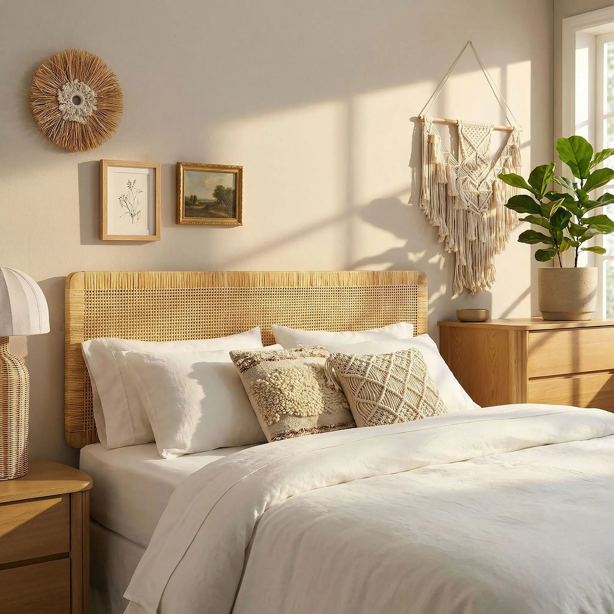 Modway Sandy Wall-Mount Floating Full Size Headboard - Handwoven Natural Rattan & Wood, Smooth Look, Fully Built Tropical Accent for Modern Bedrooms