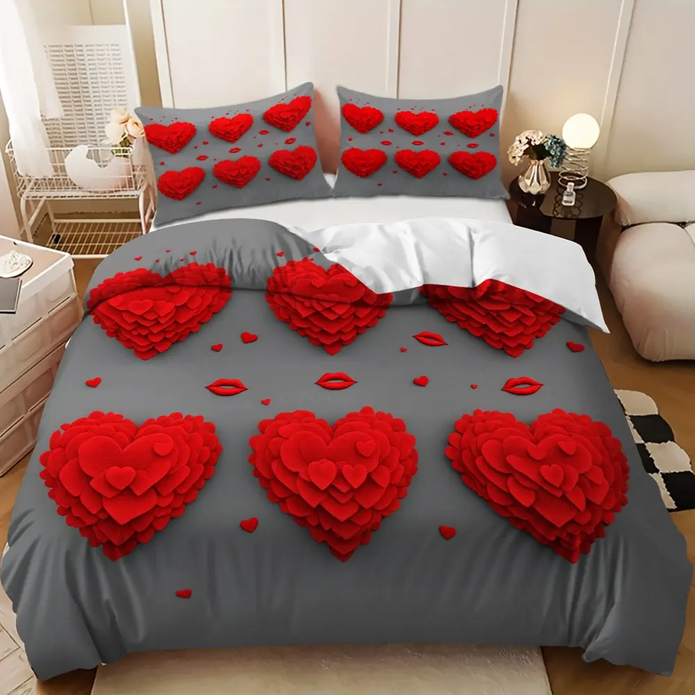Valentine's Day Bedding 3-Piece Set - 3PCS Red Heart and Lips Design Down Duvet Cover Set (1 duvet cover + 2 pillowcases, filling not included). A gift for family and friends, soft and comfortable, suitable for home bedrooms and guest rooms.