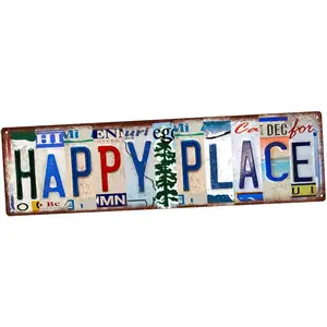 HAPPY PLACE Aluminum Wall Art - 16x4 Inches Retro License Plate Decor | Cozy Sign for Home, Bedroom & Gift