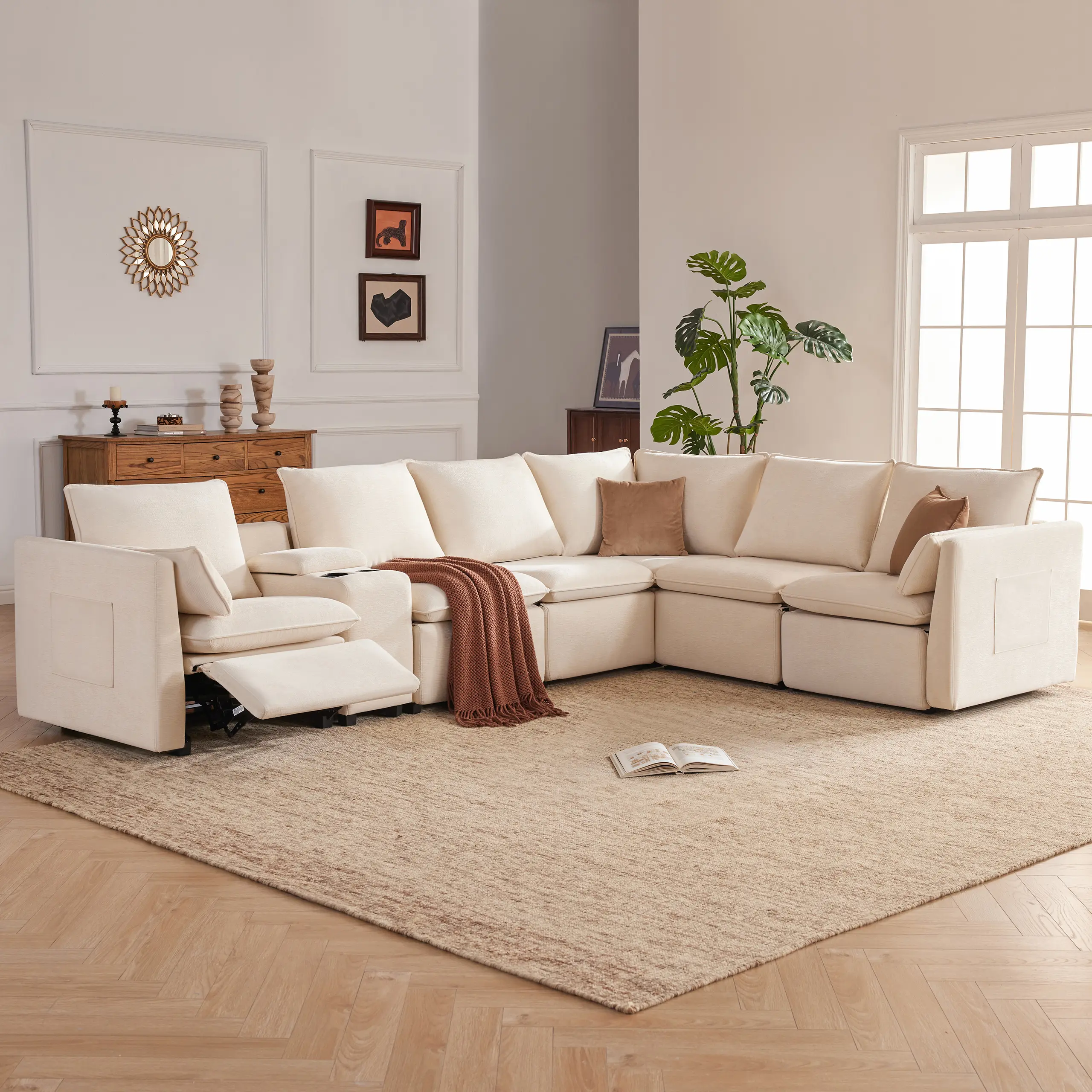 6-Seater Power Reclining Sectional Sofa Set with Storage Console, Wall-Hugger Recliner Sectional Couch with Cup Holders, Reclining Sectional Couch for Living Room (Chenille, Beige)