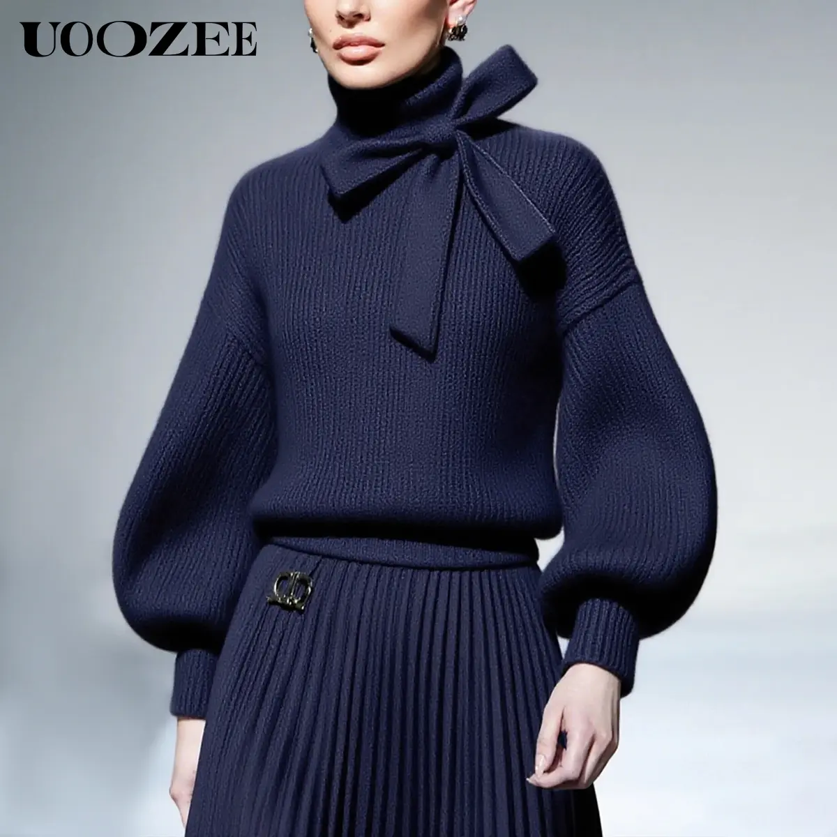 UOOZEE Women's Thick High Neck Knit Sweater - Comfortable Puff Long Sleeve Pullover with Chic Bow, Relaxed Loose Fit Outfits for Autumn Winter, Plus Sizes Tops, Casual
