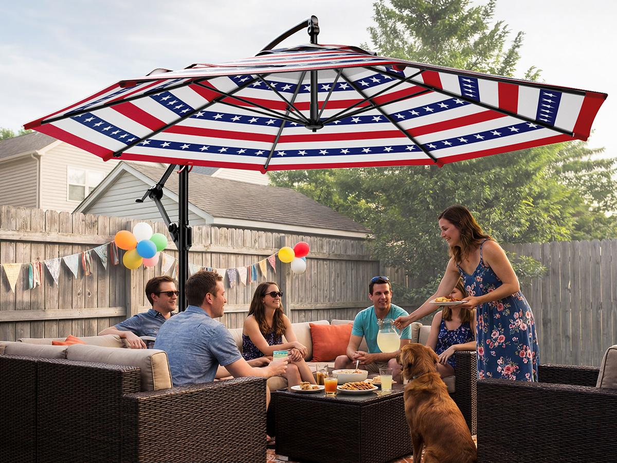 【Spring Sale】10ft Solar Outdoor Patio Umbrella, UPF50+ UVOutdoor Table Umbrella, Yard Umbrella, Market Umbrella with 8 Sturdy Ribs, Push Button Tilt and Crank- with Base