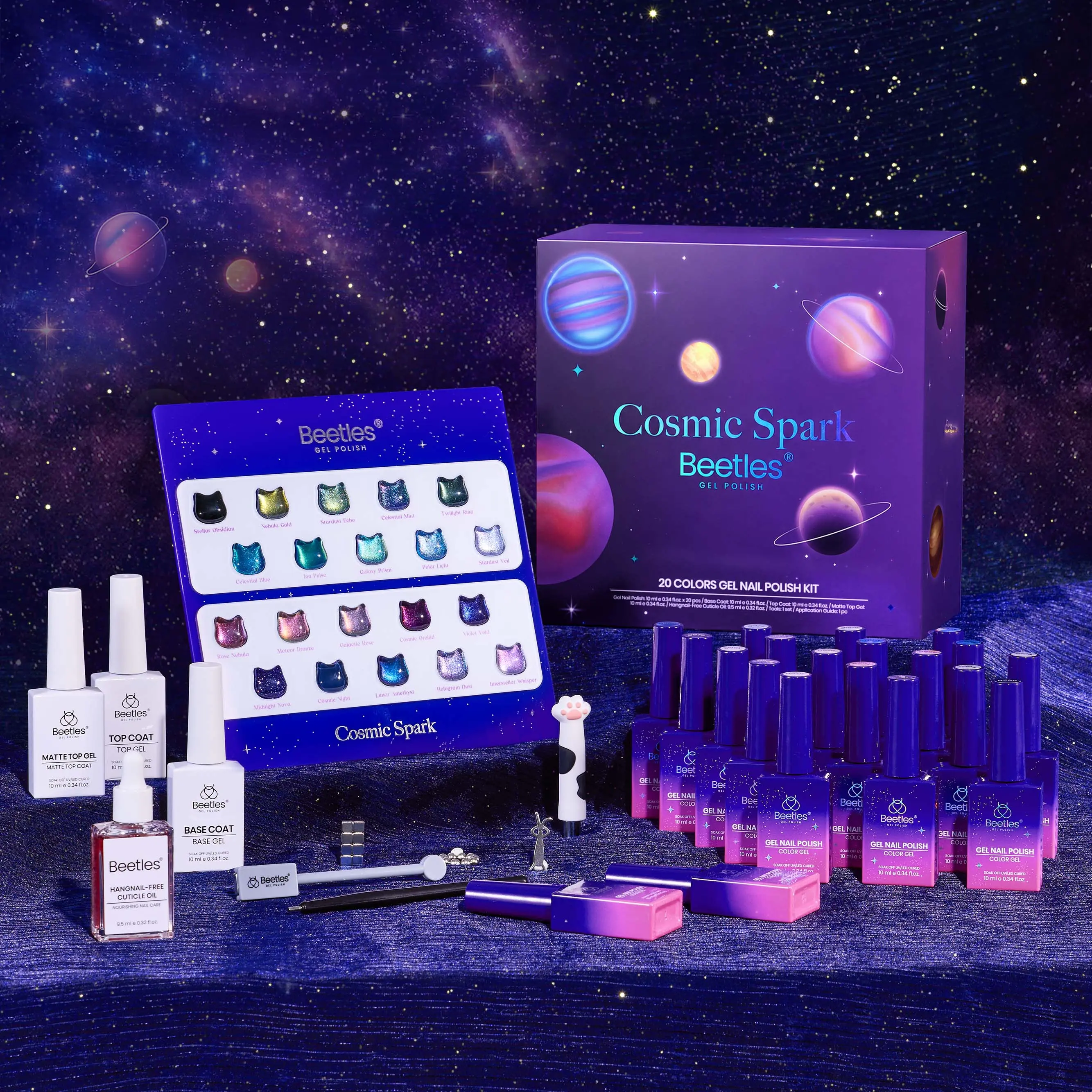 [Exclusive to TTS] Beetles Starry Sky Gel Nail Polish Set, 20 Colors 10ml Galaxy Magnetic Cat Eye Glitter Gel Polish Kit with Base Coat, Glossy & Matte Top Coat, 6 Magnet Tools, Nail Art Gift Set for Women Girls