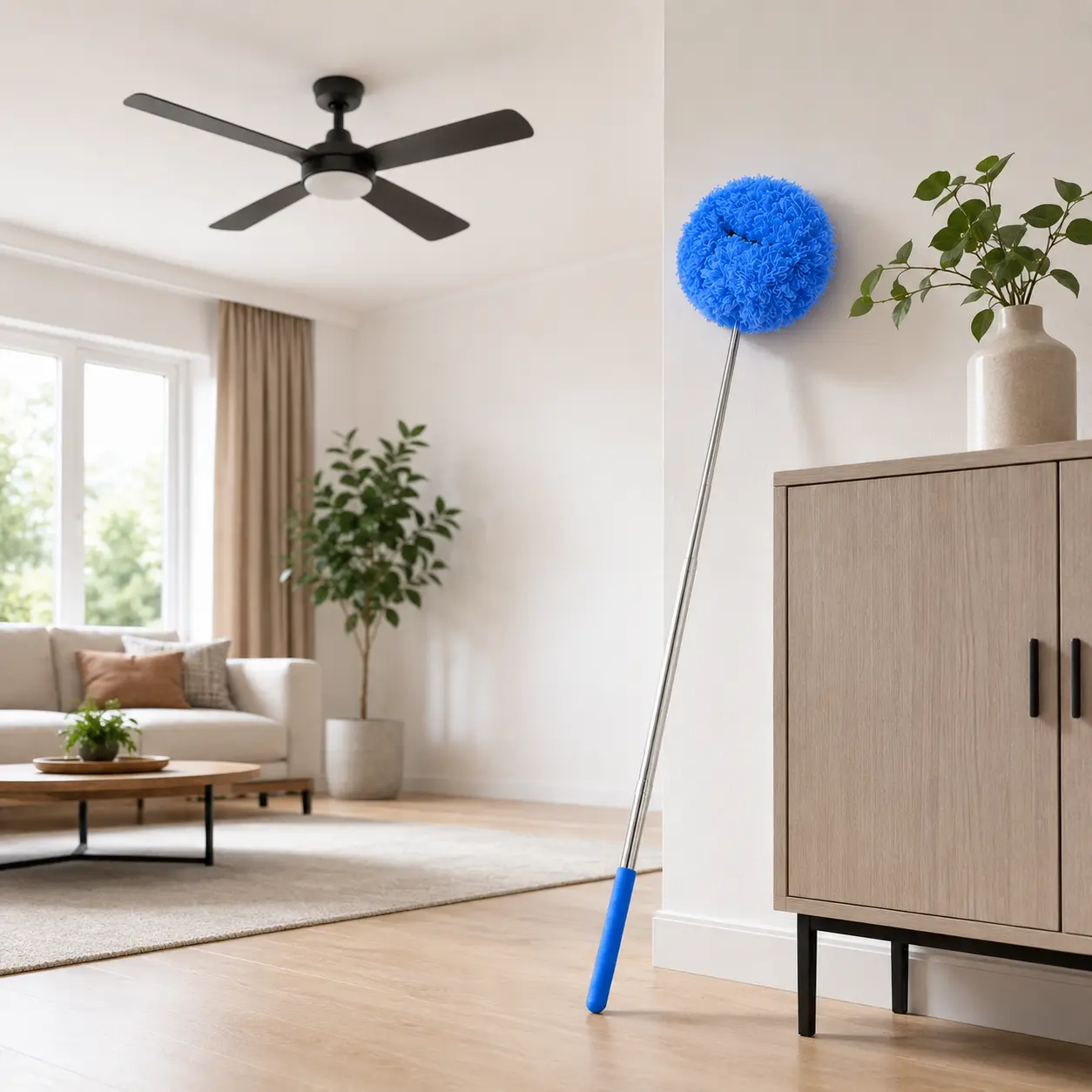 Ceiling Fan Duster Extendable Pole Cleaner with Foldable, Adjustable, Detachable Blades – Sturdy, Durable, Compact for High Ceilings, Windows, Convenient to Store, Easy Maintenance
