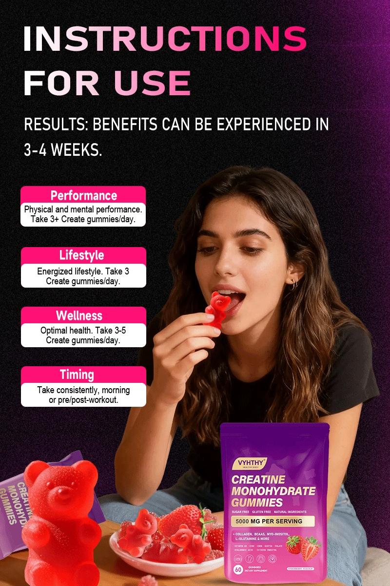 VYHTHY Creatine Monohydrate Gummies – With Collagen, BCAAs, L-Glutamine, Biotin, Zinc, Vitamin D3 & Hyaluronic Acid – Daily Pre & Post Workout Recovery, Sugar-Free
