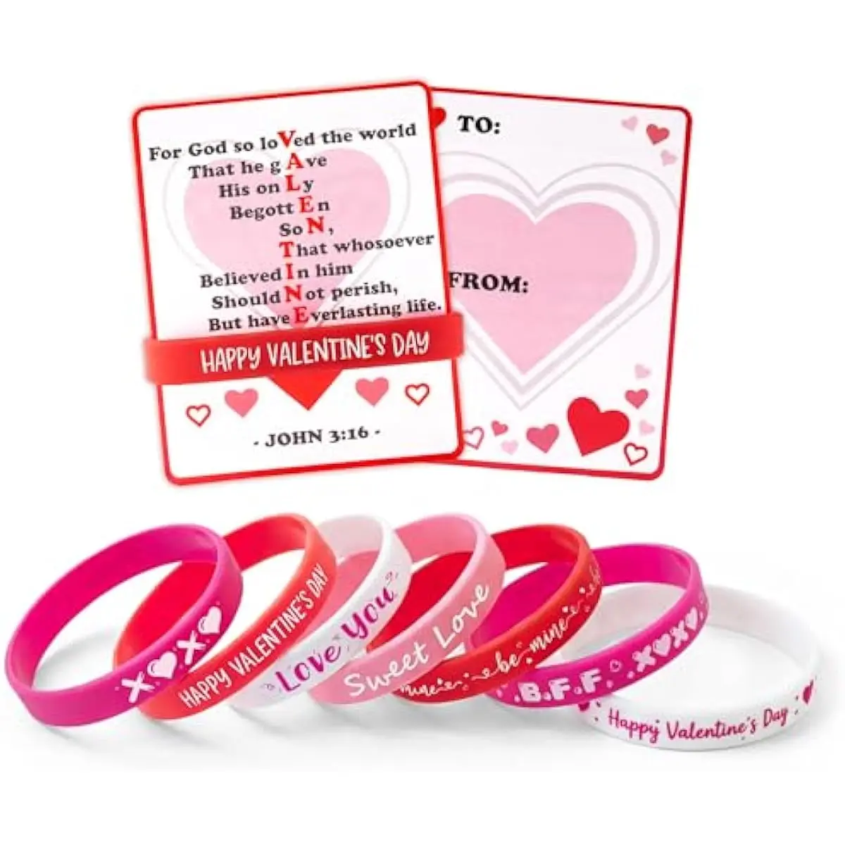 56 Pcs Valentines Day Silicone Bracelet with Cards, John 3:16 Rubber Bracelet Valentine Gift, Party Favor Supplies, Classsroom Exchange Prizes, Holiday Reward Gifts