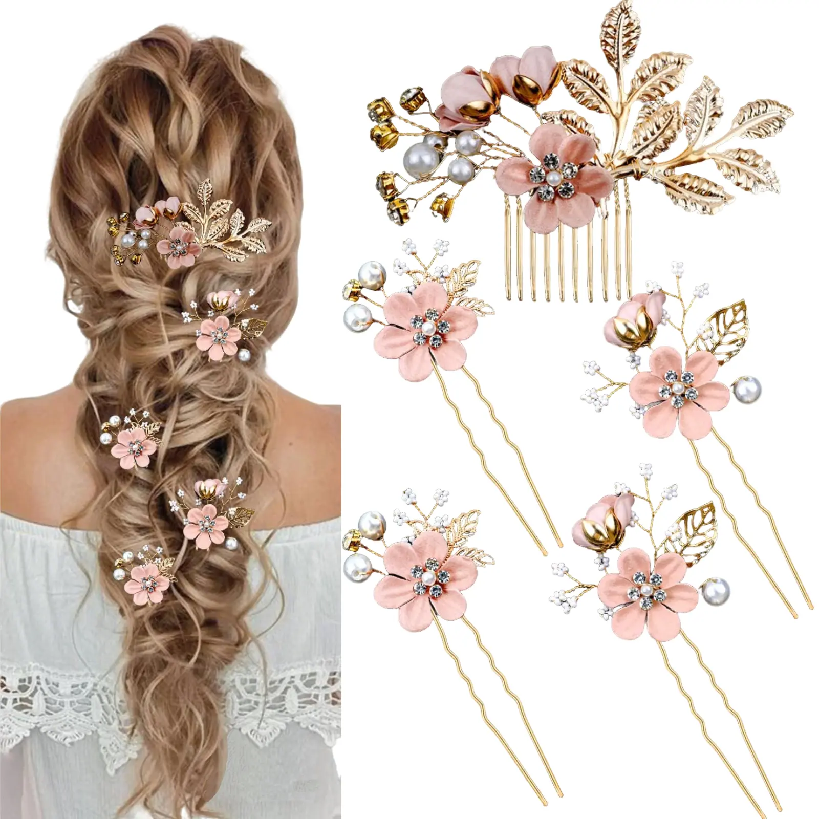 Women's 5-Piece Bridal Wedding Hair Accessory Set - Alloy (Metal) Cherry Blossom Style Hair Clips, Combs, Pink Rhinestone Pearl Flower Headpiece for Brides, Formal Gowns, Ceremony, Commutes