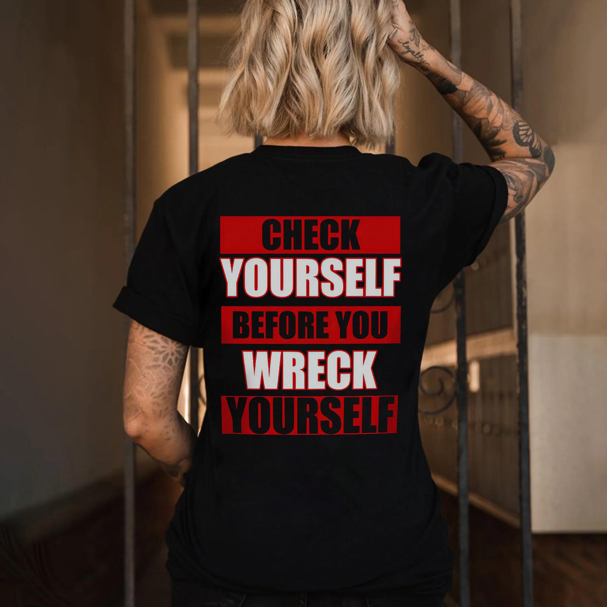 Women’s “Check Yourself Before You Wreck Yourself” Printed Top – Comfy Casual Fabric Style T-Shirt, Sweatshirt, Hoodie, Expectant Mother Trendy Gift, Full Sizes, Full Colors