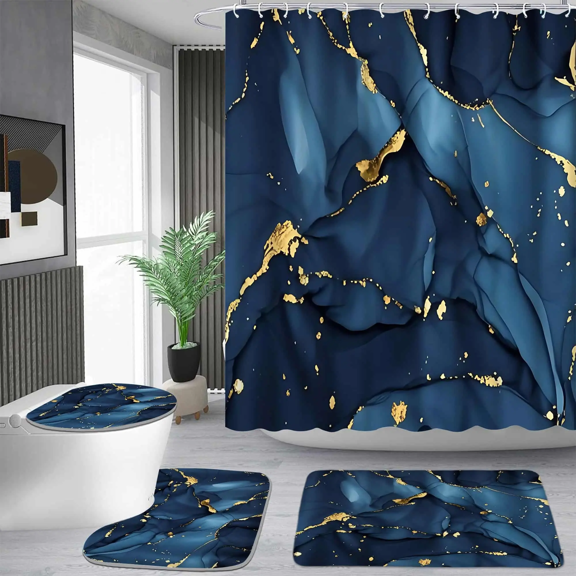 Blue gold gilt fluid pattern shower curtain set, waterproof shower curtain with 12 hooks, non-slip bathroom carpet, toilet U-shaped cushion, toilet seat cover cushion, bathroom shower curtain set, perfect moving gift.