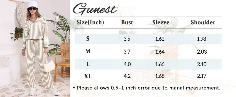 GUNEST Women's 2-Piece Sweater Suit Set Loose Fit V-Neck Knit Top & Wide-Leg Trouser Pants Casual Striped Clothes for Everyday Wear Longsleeves Gamis