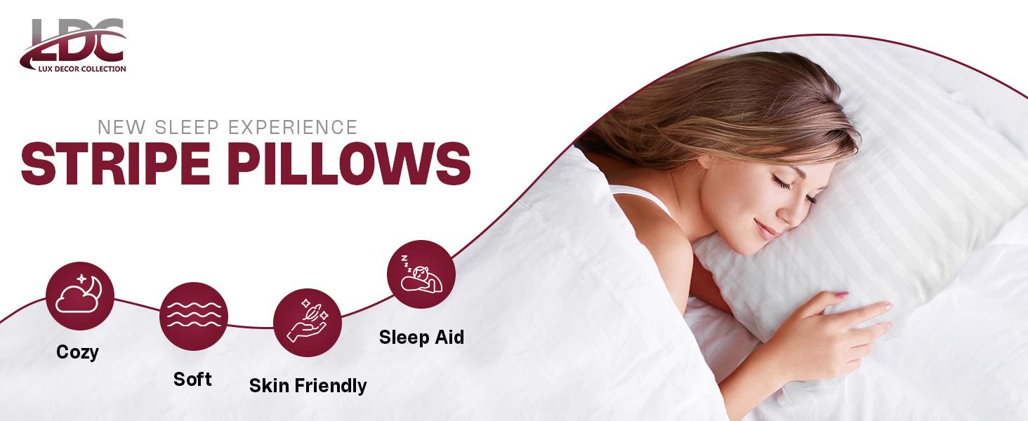 Lux Decor 2Pc Stripe Pillows - White Hotel Luxury Pillows - King & Queen Size- Cotton Pillows For Back, Stomach & Side Sleepers With Envelope Closure