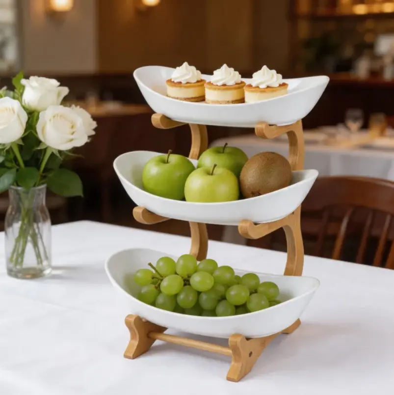 3-Tier Bamboo & Plastic Fruit Serving Stand, Suitable for Plates and Fruit Display in Kitchen Tableware Settings