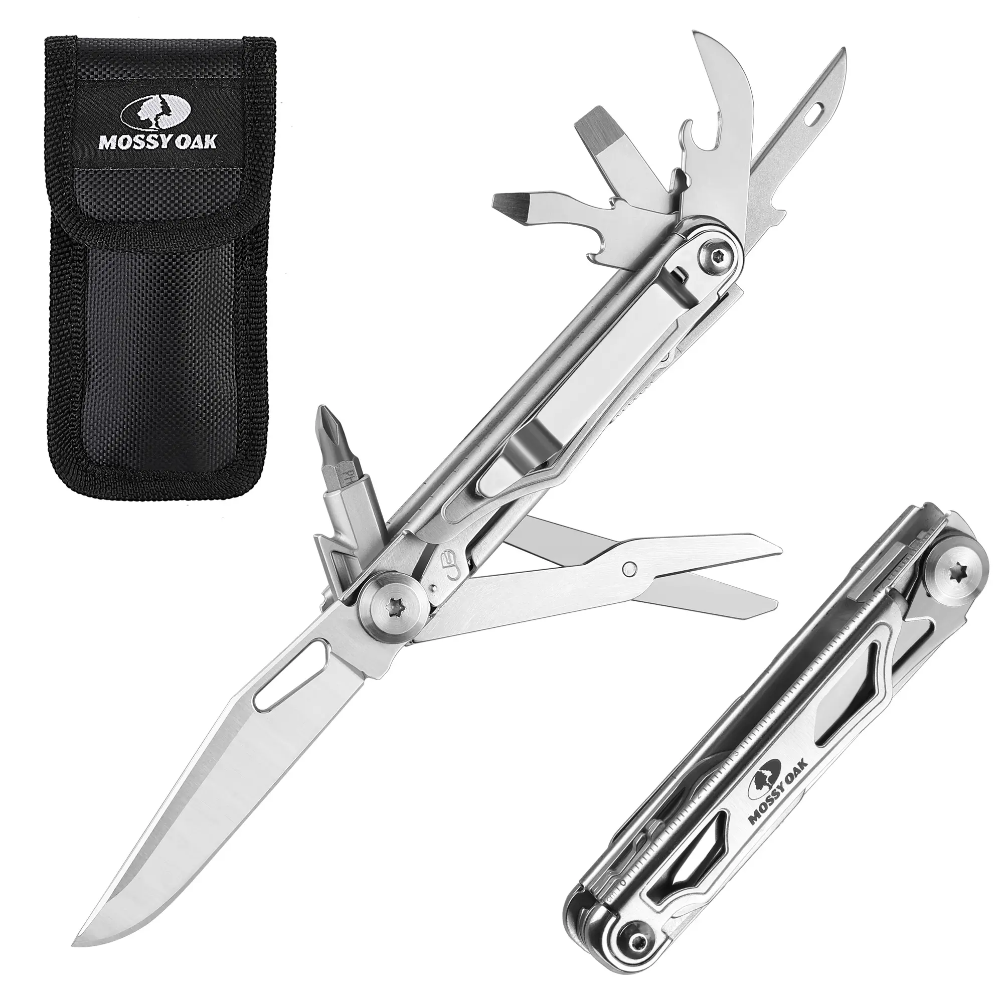 #backtoschool Mossy Oak 12-in-1 Multitool Pocket Knife with Pouch, Stainless Steel Multitool Knife with Clip, Survival Tools with Scissors, Bottle Opener, Wire Stripper, Glass Breaker, Screwdriv