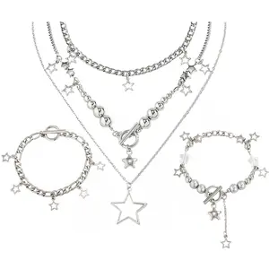 2 Pieces Silver Star Necklace Y2K Jewelry Set Grunge Necklace Kawaii Cute Necklaces Aesthetic Vintage Emo Jewelry
