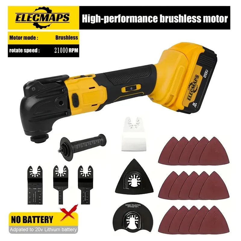 Multi-functional brushless electric oscillating tool, 6-speed 21,000 RPM, brushless motor, with auxiliary handle, woodworking cutting blade and metal grinding plate (batteries not included). Perfect holiday gift.