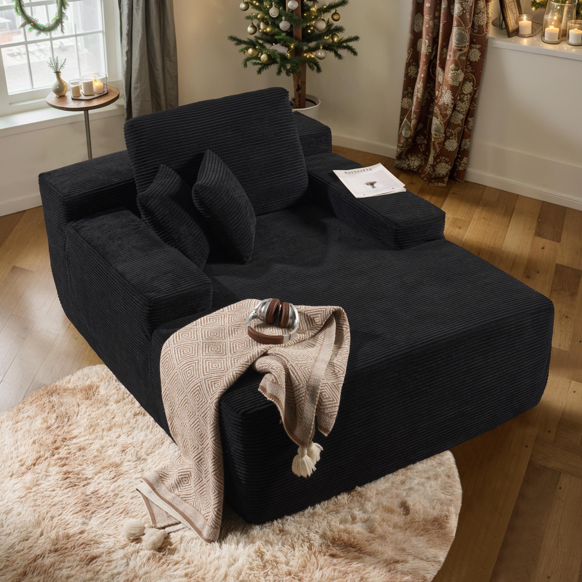 Oversized Chaise Lounge Chair Indoor Upholstered Sofa Bed Lounge Couch Chair,Reading Chair Sleeper Cloud Sofa Couch,Plush Chair Bed for Living Room Bedroom (Black)