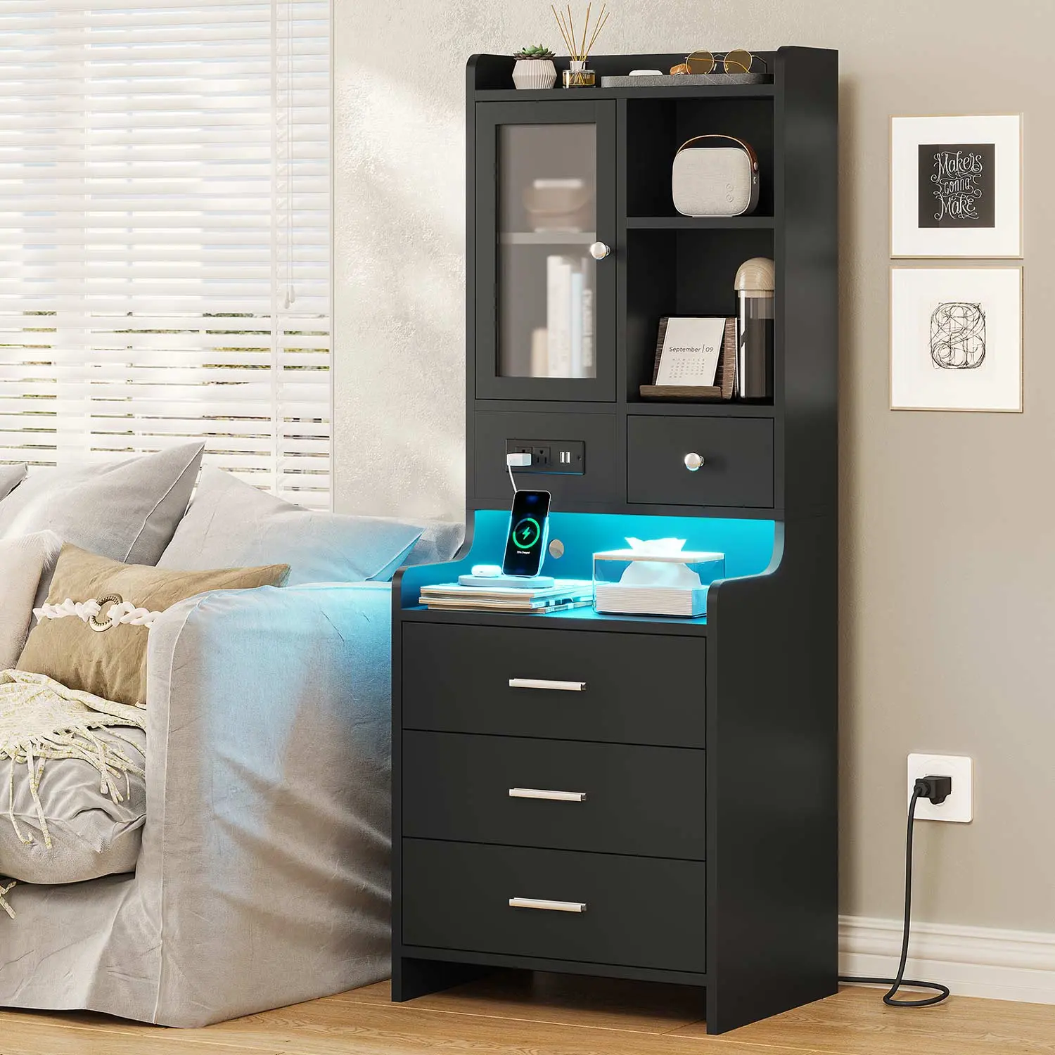 SIKAIC LED Tall Bedroom Nightstand - Modern Bedside Table Cabinet with Bookshelf, Charging Station, Glass Door, 3 Drawers, Room Storage Furniture (Black/Brown End Table), Apartment Furniture,dorm essentials,home decor