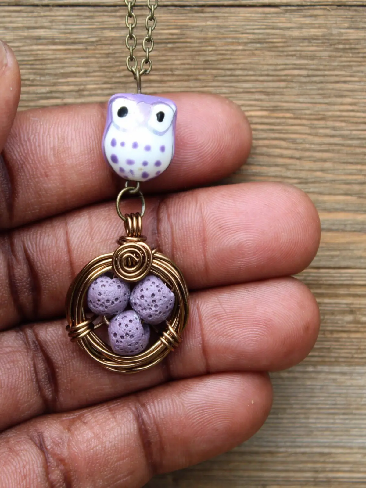 Purple Owl Necklace, Diffuser Necklace, Bird's Nest Necklace, Lava Bead Necklace, Aromatherapy Necklace, Gift For Mom.