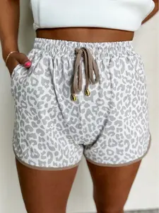 Leopard Elastic Waistband Lace up Contrast Trim Casual Shorts, Perfect For Leisure Lounging Or Casual utings.