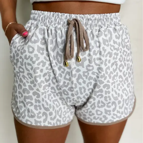 Leopard Elastic Waistband Lace up Contrast Trim Casual Shorts, Perfect For Leisure Lounging Or Casual utings.
