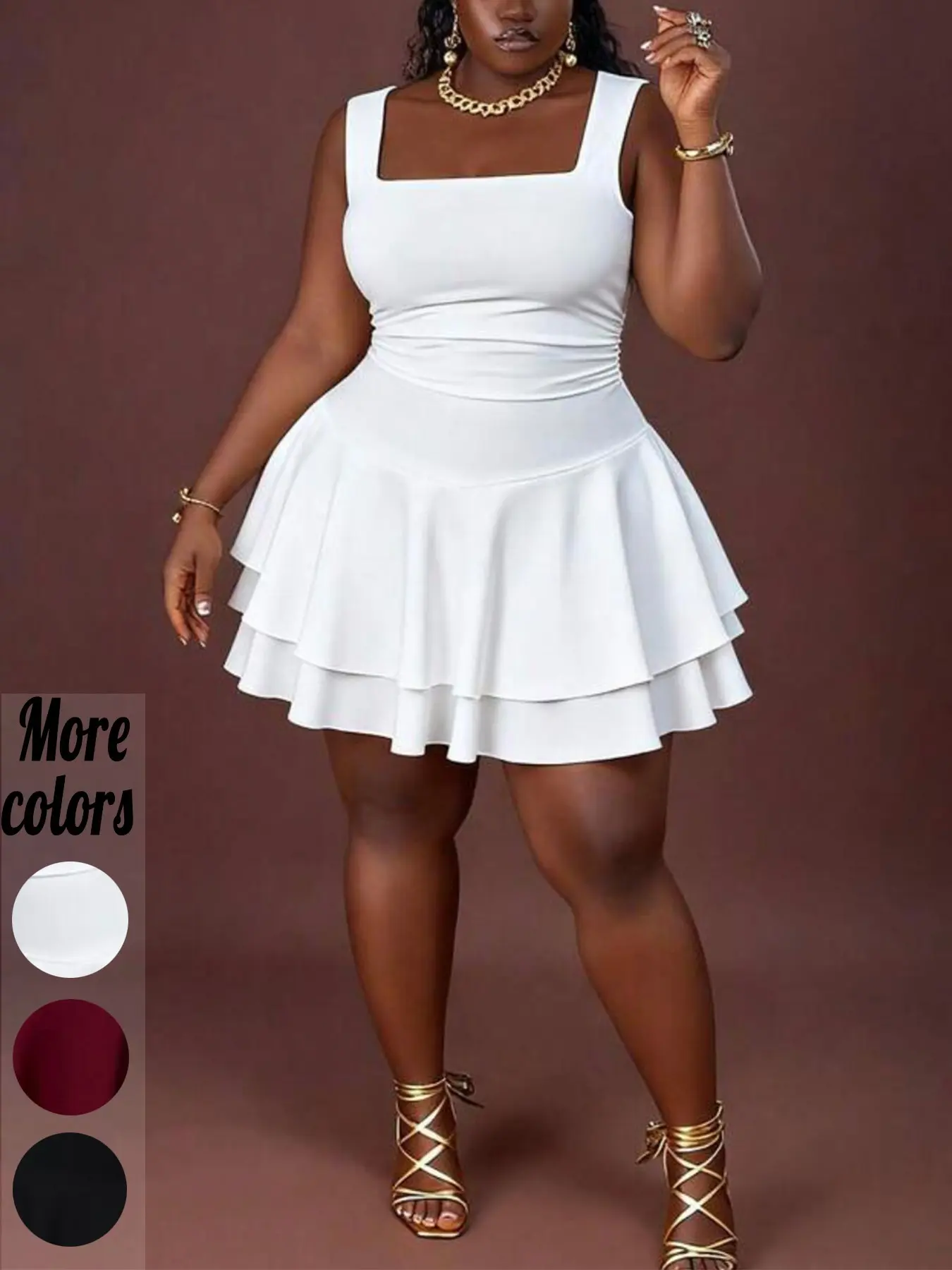 Plus Size Y2K Feminine Square Neck Sleeveless Tiered Ruffle Ruffled Casual Mini Dress for Curvy Women, Perfect for Date Night, Brunch & Party