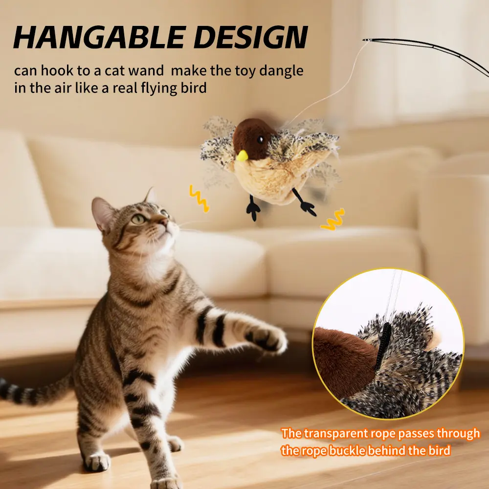 Cat Toys Rechargeable Flapping Bird Sparrow, Lifelike Chirp Tweet, App Remote Control & Touch Activated Kitten Toy Interactive Cat Exercise Toys for All Breeds Cat Catnip Toys