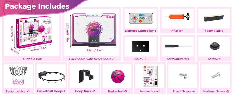 VATOS Basketball Hoop for Girls Indoor, LED Basketball Hoop with 7 Color Lights, Glowing Rim, Scoreboard & Remote Controller, Basketball Set Sports Toys Birthday Gifts for Girls Kids Teens 5-12