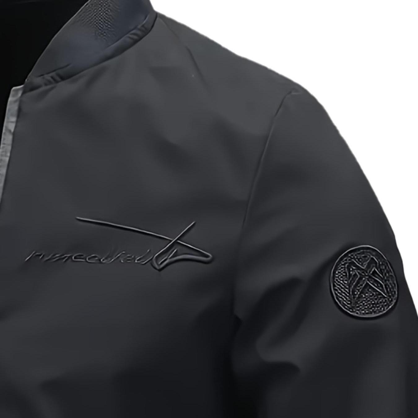 Men's Regular Fit Letter Embroidered Zip Up Pilot Jacket, Autumn Winter Casual Long Sleeve Windproof Baseball Collar Coat, Men's Everyday Wear, Men's Jacket, Black Casual Outdoor Jacket, Suitable for Work, Travel, and Daily Use Machine Washable Polyeste S