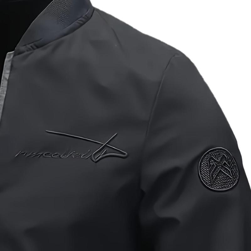 Men's Regular Fit Letter Embroidered Zip Up Pilot Jacket, Autumn Winter Casual Long Sleeve Windproof Baseball Collar Coat, Men's Everyday Wear, Men's Jacket, Black Casual Outdoor Jacket, Suitable for Work, Travel, and Daily Use Machine Washable Polyeste