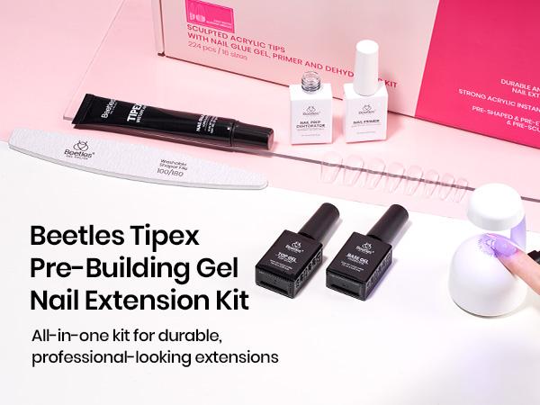 【LIVE ONLY】 Beetles Tipex Pre-Build Instant Apex Nail Tips All-in-One Kit, 224PCS Square, Stiletto, Almond & Coffin Shapes, 16 Sizes, Pre-Etched Thick Full Cover Tips with Nail Glue, Base & Top Coat, Prep Tools & Mini UV Lamp DIY Gift Set