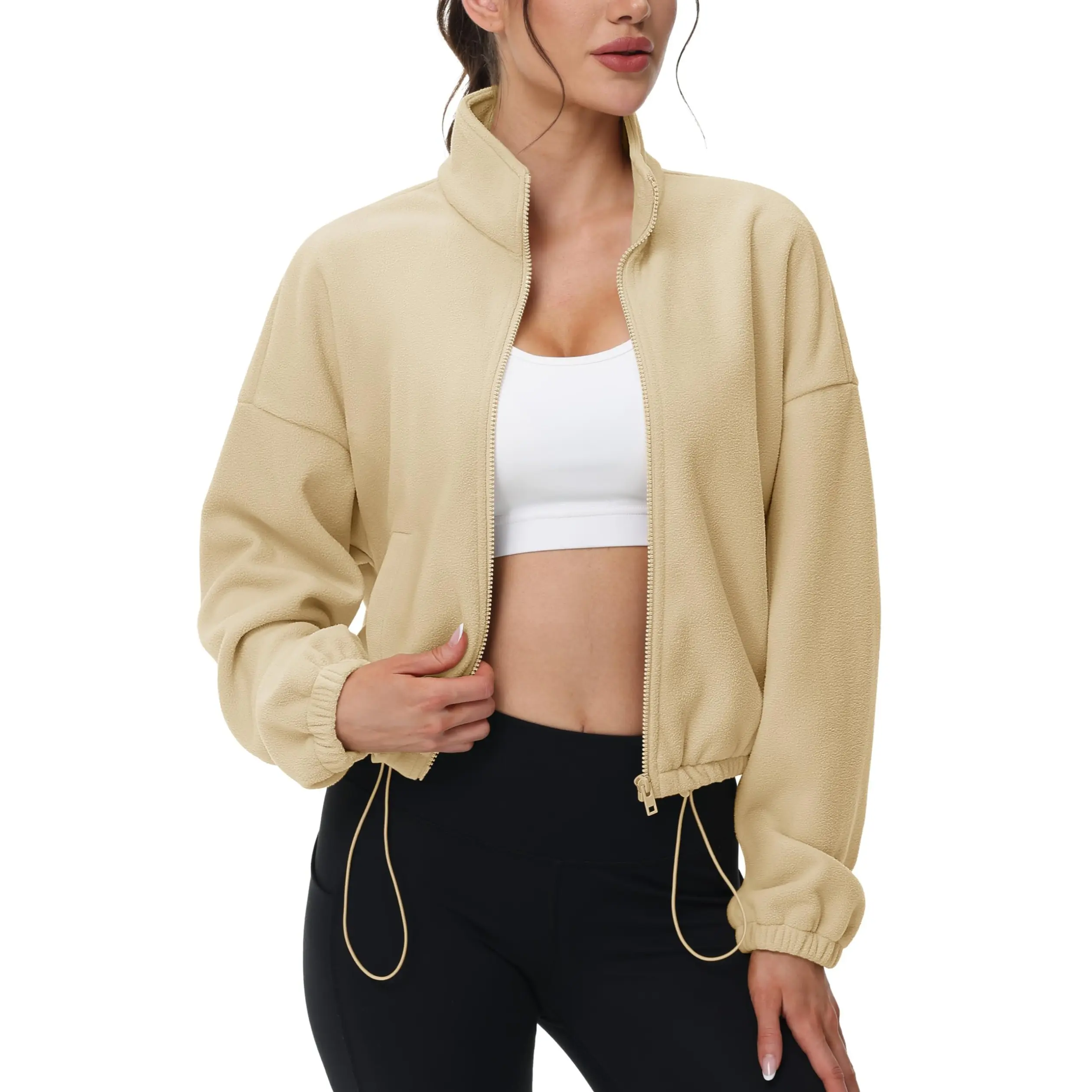 MAGCOMSEN Lady's Sporty Chic Curvehug Crop Full-Zip Fleece Jacket - Warm Winter Women's Clothes, Stand Collar, Long Sleeve, Fitted, Adjustable Drawstring Hem, Pockets, Vibe Fabric, Polyester, Casual Outdoors Outerwear