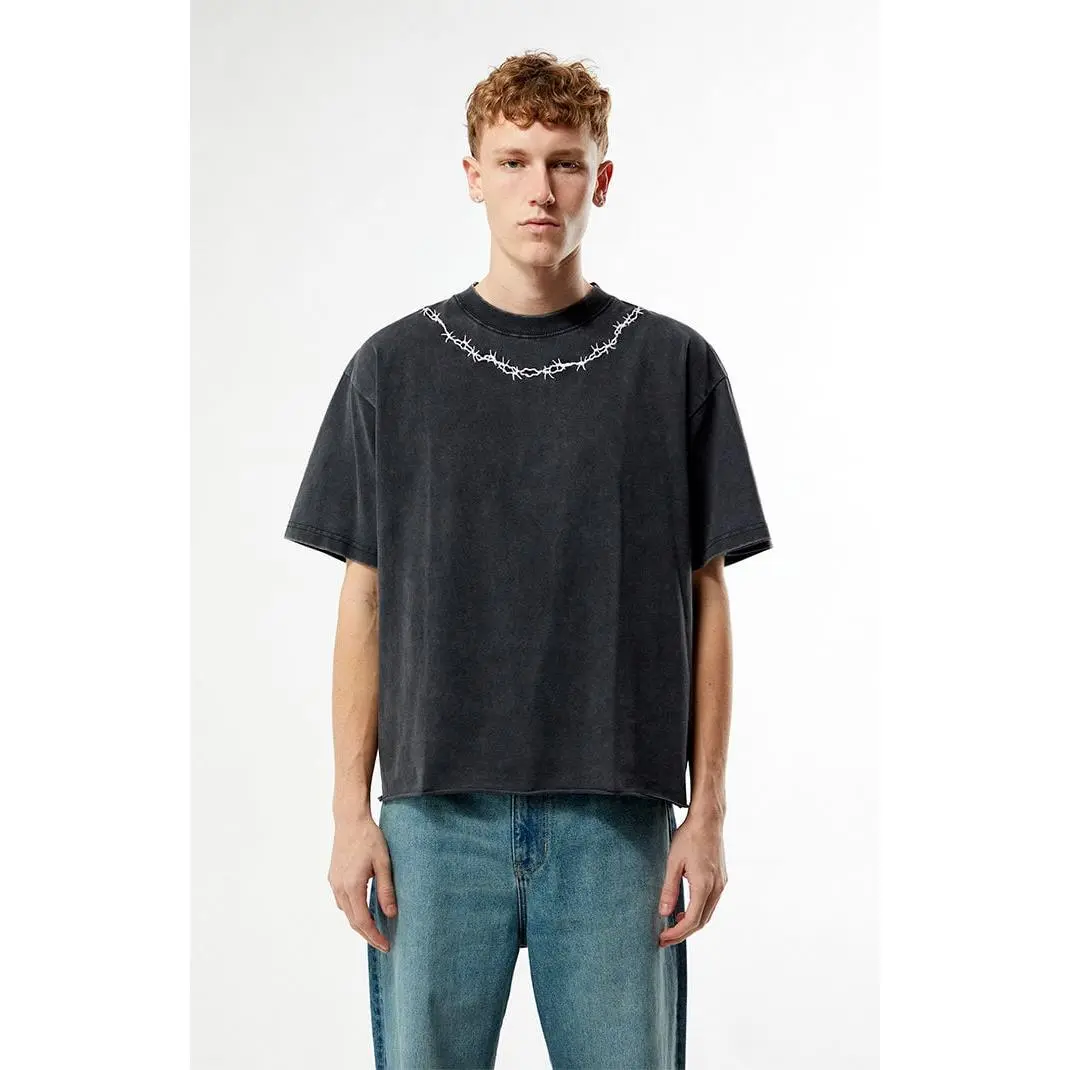 Pacsun Men's Washed Black Barbed Wire Cropped Boxy T-Shirt