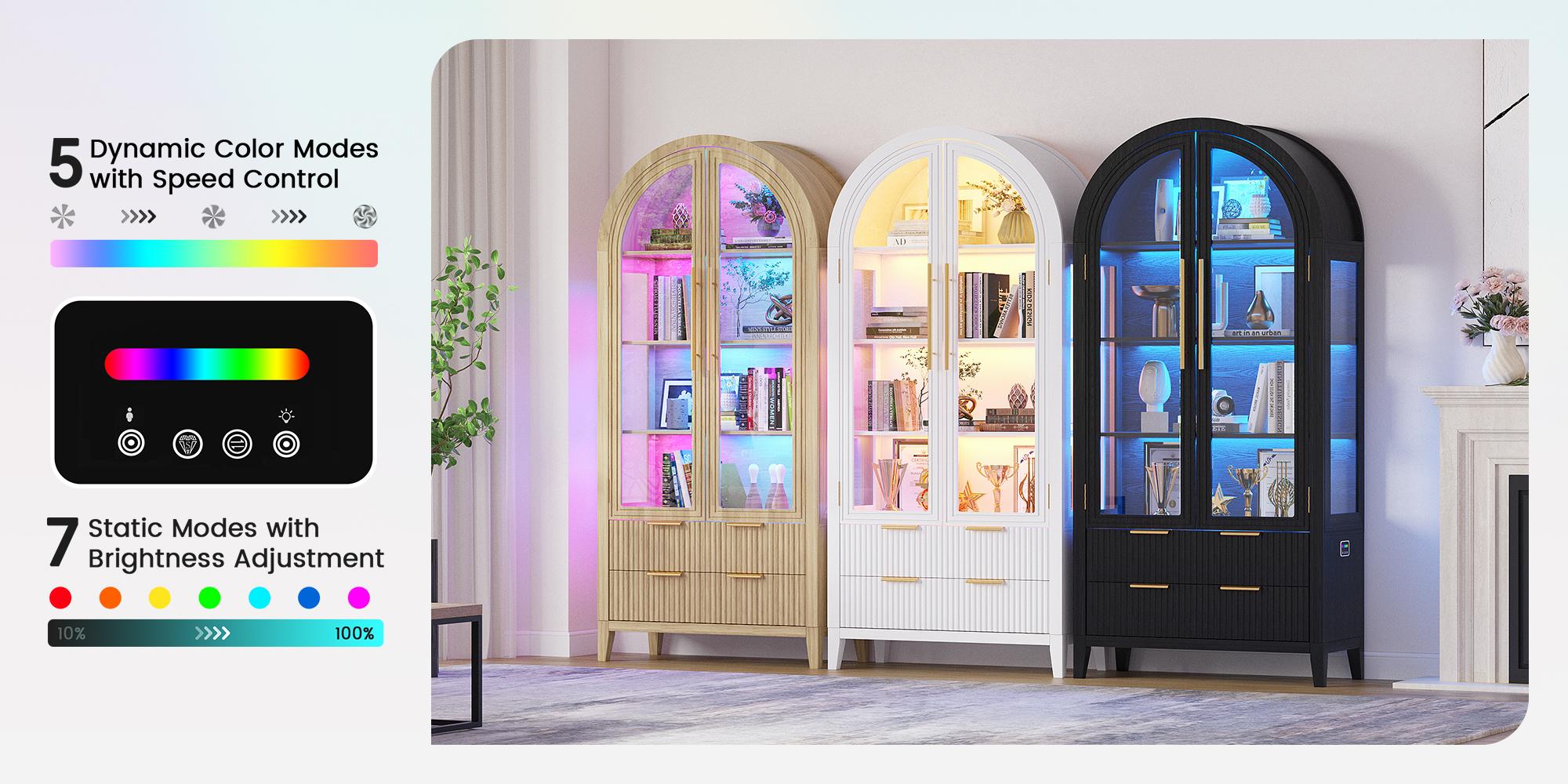 Vlsrka 71" Arched RGB Curio Cabinet with Glass Doors 4-Shelves Tall Display Cabinet and 2 Drawers LED Display Case with 20 Lights for Collectibles Book Medal Figure
