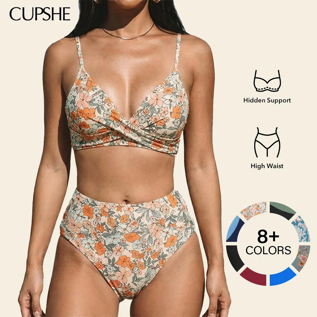 CUPSHE High Waisted Bikini Sets Women's 2026, Tummy Control Two Piece Swimsuit with Twist Front V Neck Adjustable Straps, Floral Bathing Suits Summer Beach Holiday Bathing suit #summerfinds