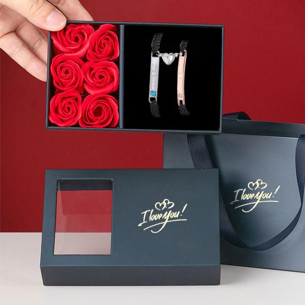 Couple Rhinestone Decorated Magnetic Heart Charm String Bracelet  Gift with Rose Gift Box, 1 Set Fashionable Jewelry for Women & Men, Trendy Bf Gf Bracelet Jewelry for Birthday Gift