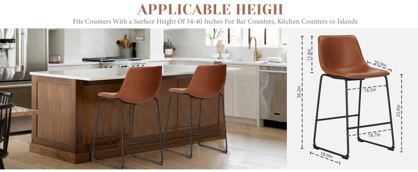 Counter Height Bar Stools with Back, Armless Chairs with Metal Legs and Footrest - Waterproof Leather