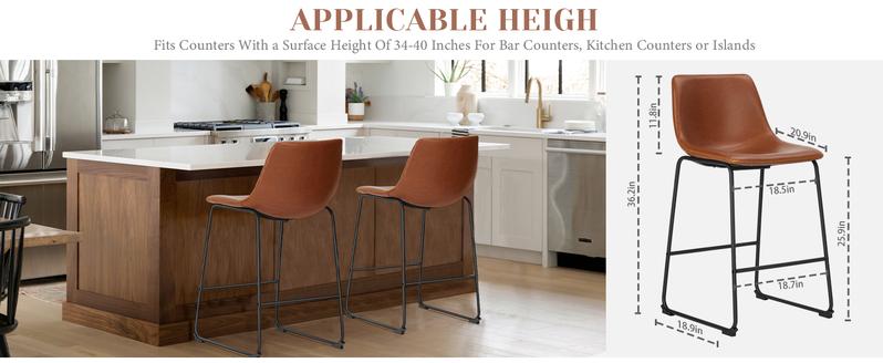Counter Height Bar Stools with Back, Armless Chairs with Metal Legs and Footrest - Waterproof Leather