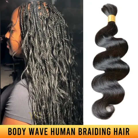 YGwigs Body Wave Double Drawn Bulk Human Braiding Hair - Natural Black, 100g/Bundle, Virgin Hair, Curly Extension
