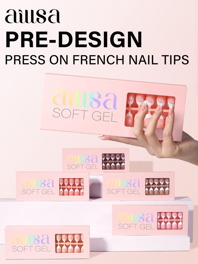 Aillsa Short Oval French Tip Nails Set - 180pcs Classic Nude Soft Gel Nail Tips in 15 sizes, Mini UV Lamp, Base and Top coat, Easy to Wear Soak Off Acrylic Fake Nails Extensions DIY press Nail Art at home  Birthday Gift For Women gel nail nail glue Polish