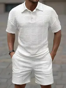 ZAFUL Men's Square Grid Jacquard Textured Polo Collar Short Sleeves T-shirt And Drawstring Casual Shorts Set Menswear Mid Stretch Tropical Suits