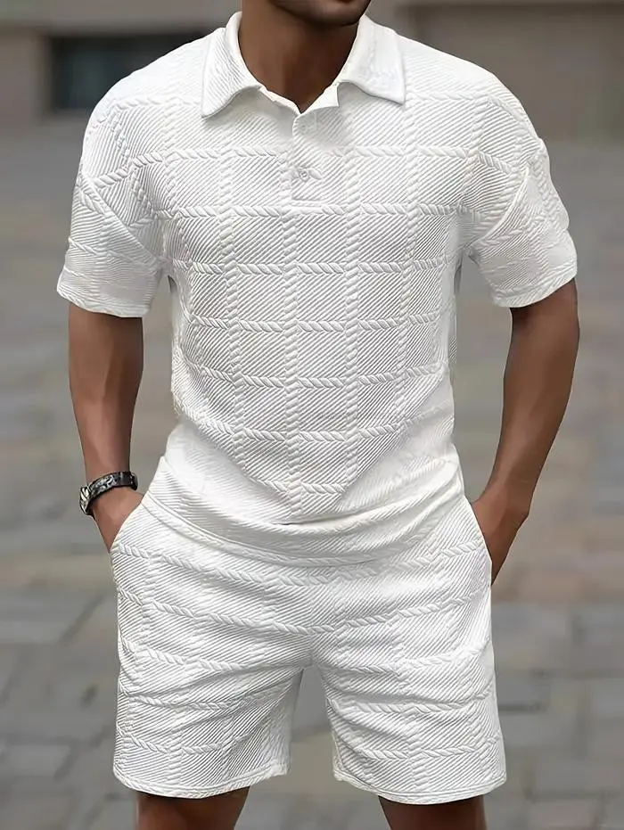 Z ZAFUL SPORTS Men's 2-Piece Casual Summer Outfit, Checkered Jacquard Short Sleeve Polo Shirt and Stretch Drawstring Shorts, Top