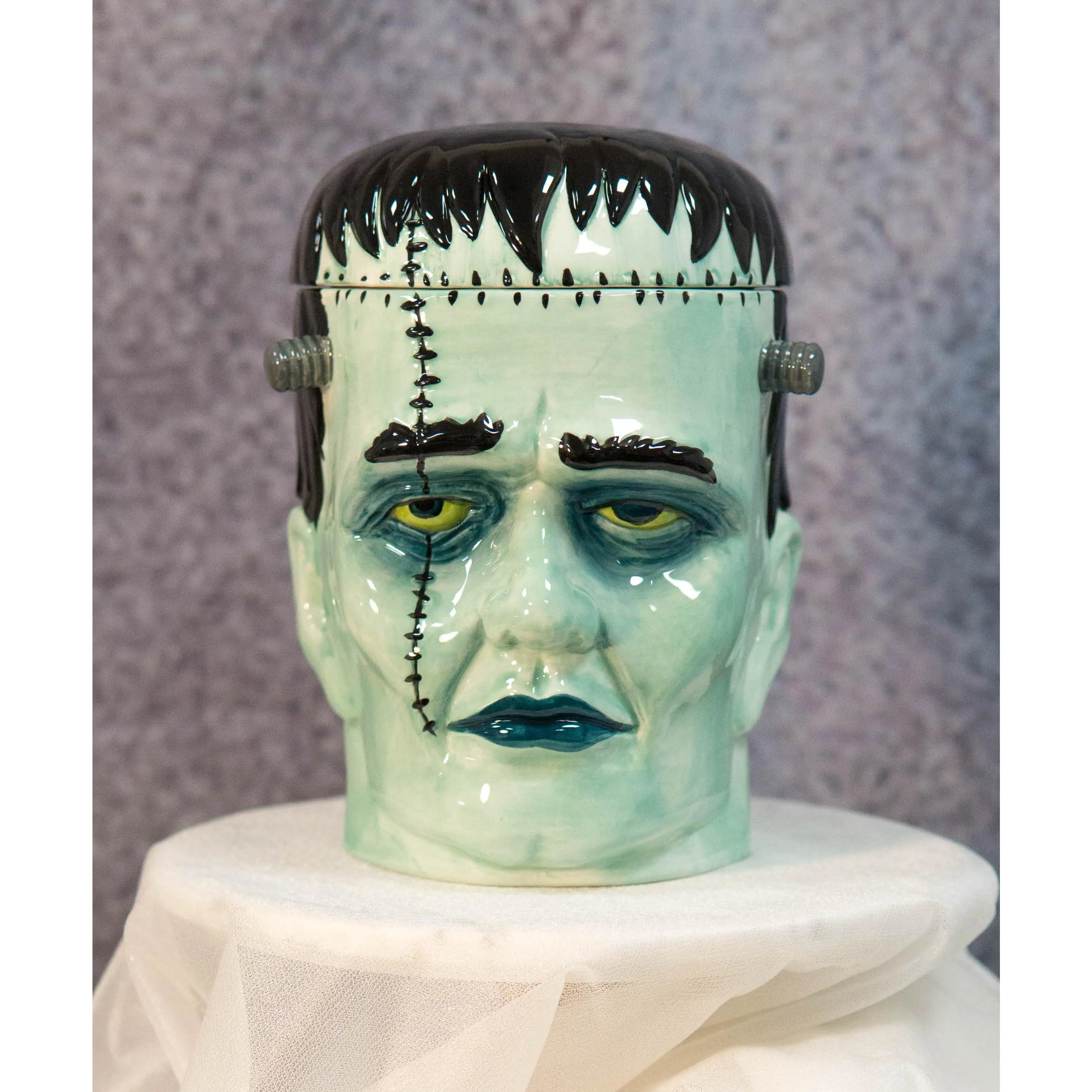 Ceramic Victor Frankenstein Skull Cookie Jar - Porcelain Canister with Silicone Seal, Funky Home Decor, Halloween Kitchenware Statue Figurine