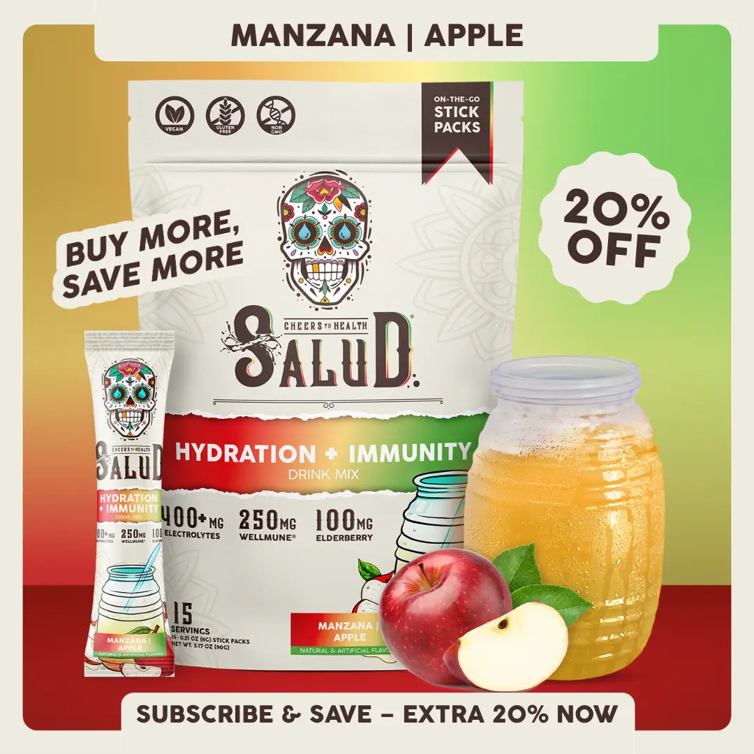 Salud 2-in-1 [Hydration + Immunity - Manzana | Apple]  Agua Fresca Drink Mix, Elderberry, Dairy & Soy Free, Non-GMO, Gluten Free, Vegan, Low Calorie, 1g Sugar (15 Servings)