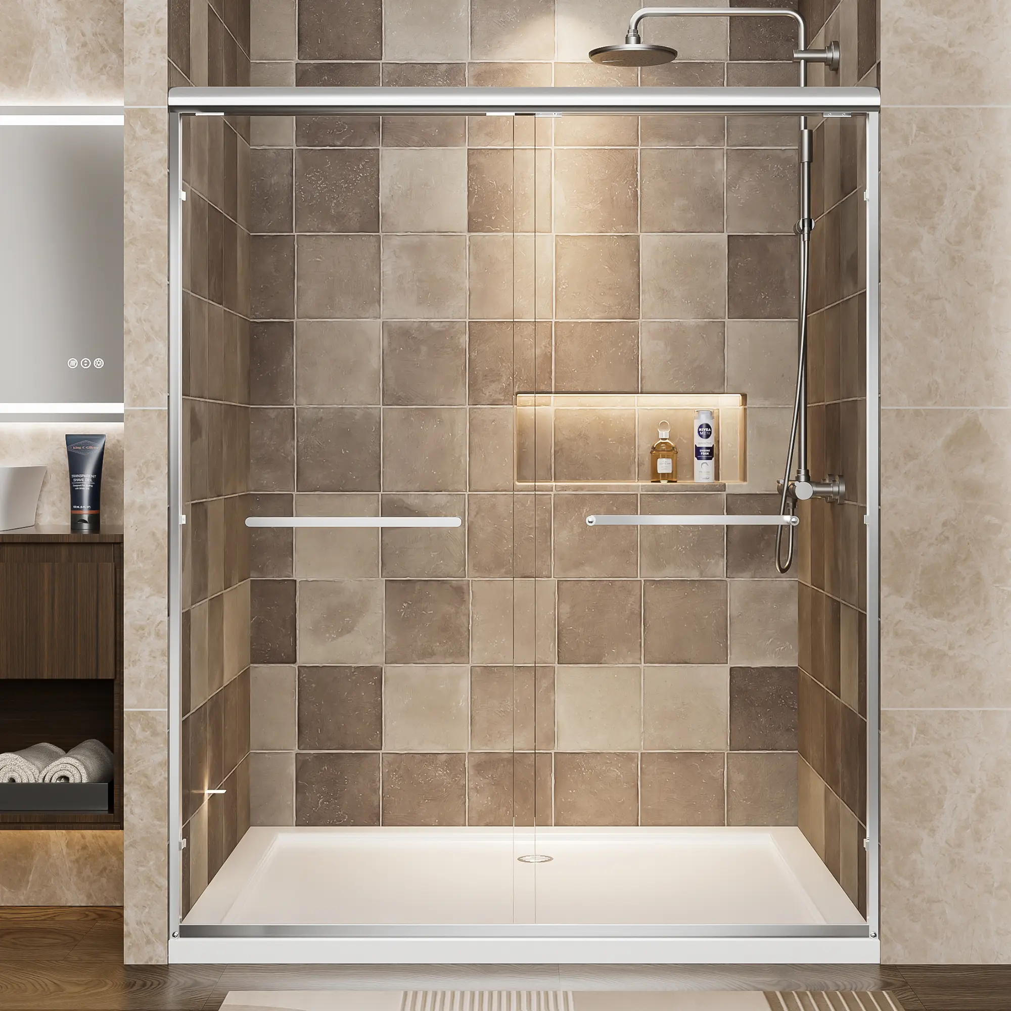 56-60 inches wide x 72 inches high brushed gold aluminum frame double sliding shower door 1/4 inch 6mm tempered glass with explosion-proof film double stainless steel handle adjustable width heavy-duty shower partition frameless sliding glass door