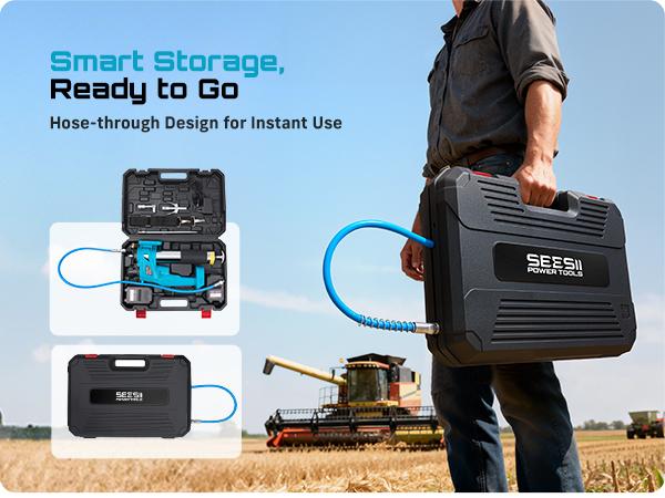 SEESII Cordless Electric Grease Gun Kit - 10000PSI 4.6 oz/min, 2 Batteries, 39.4" Hose, 90° Coupler, 3 Tips for Fast Effortless Greasing, GR01